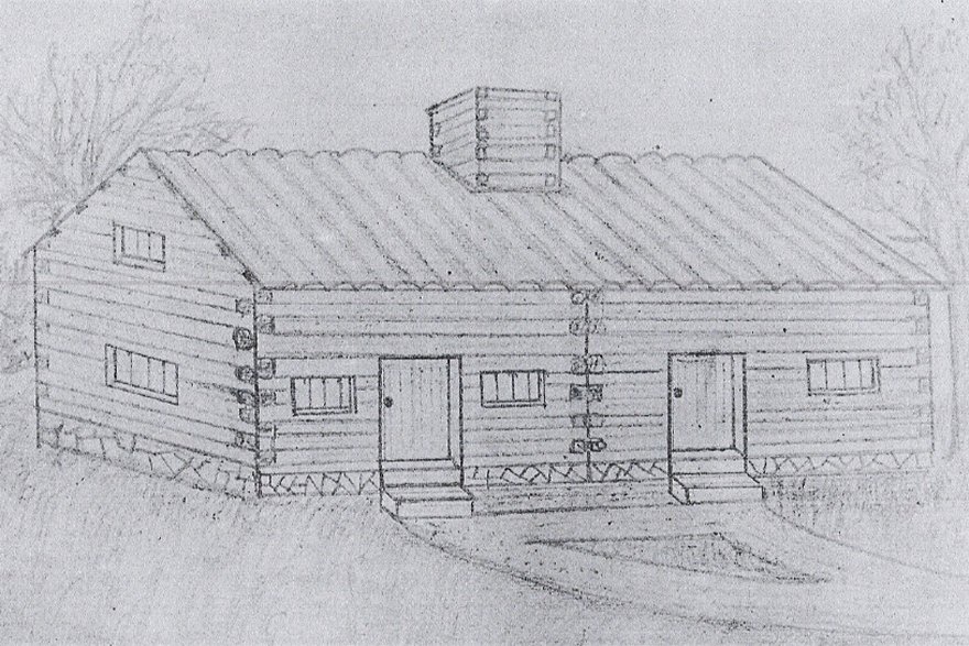 An artist’s rendition of the first school and church on the Joseph and Hanna Berryhill property.