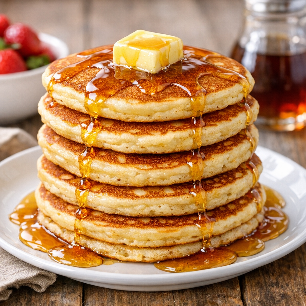 Stack of pancakes with butter and syrup