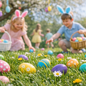 Kids participated in an Easter egg hunt.